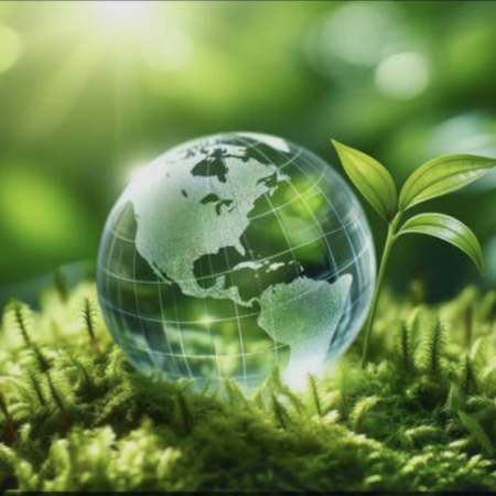 Globe with Earth map resting on green moss, with a sprouting leaf to symbolize environmental sustainability.
